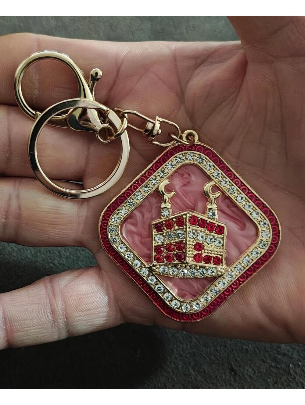Kaaba in Mecca Clear And Red Rhinestones Gold Tone Keychain
